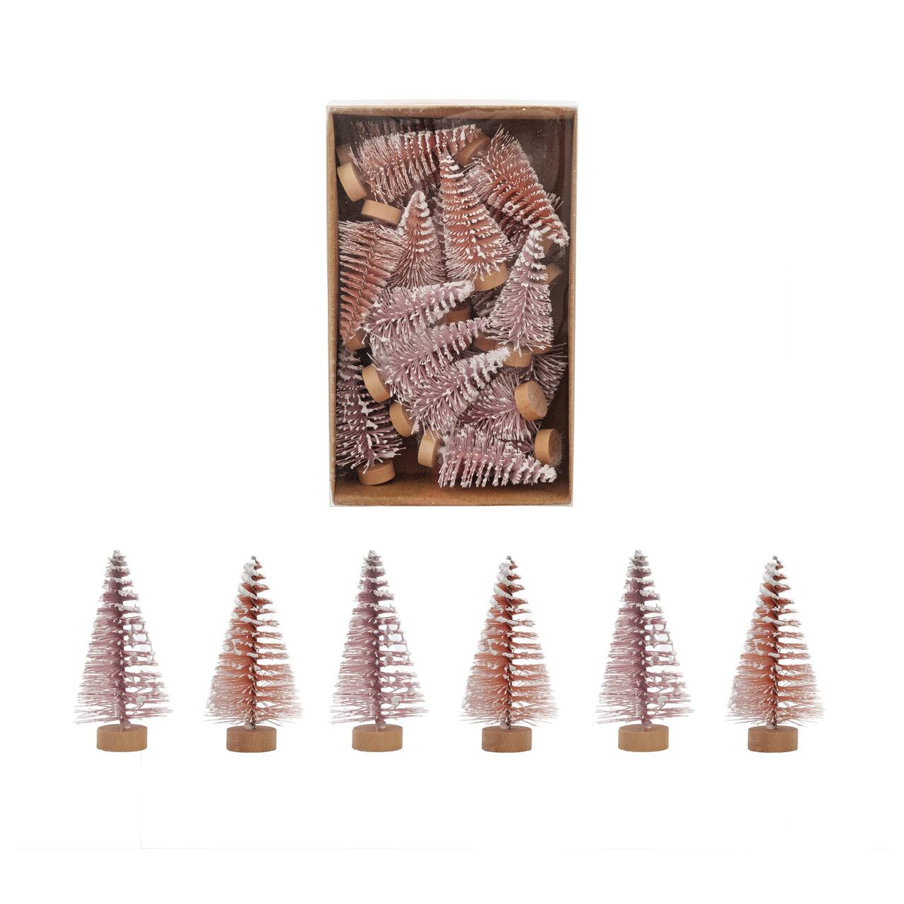 Hello Honey® 2" Pink & Rose Flocked Plastic Bottle Brush Trees with Wood Base & Snow Finish, 24ct.